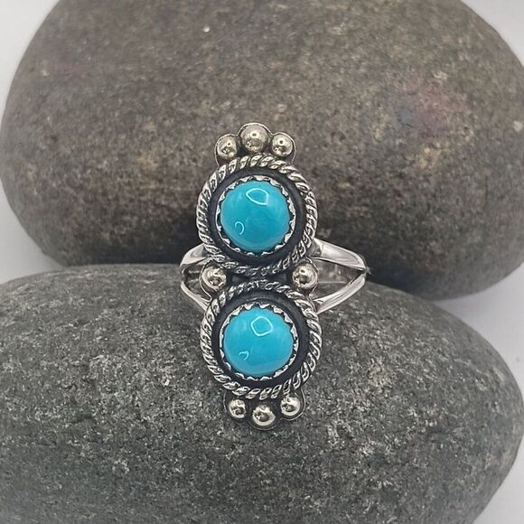 Native Southwest Sterling Silver Double Stone Turquoise Ring Size 7.5 - Picture 1 of 6